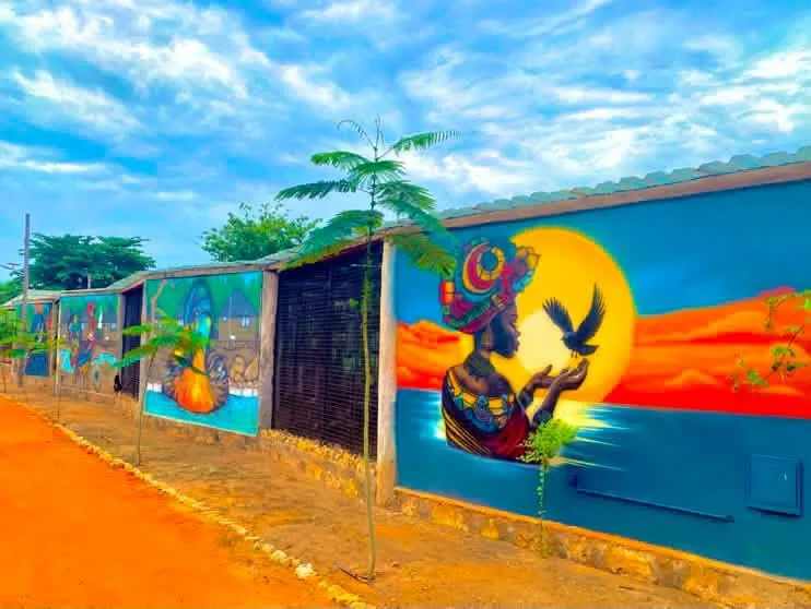 African-themed mural along the resort walkway